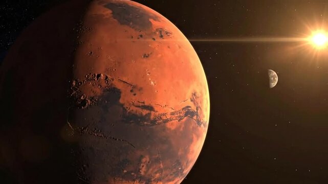 Detailed view of the planet Mars with its moon, illuminated by the sun.