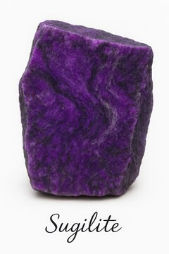 Museum style specimen image of sugilite displaying violet color zoning