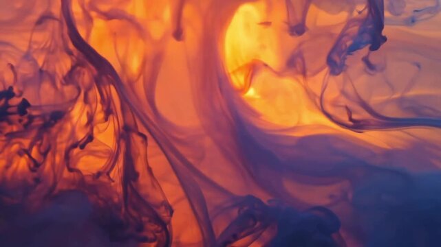 Mysterious swirling paint clouds mixing in liquid creating a moody fire and smoke abstract background.