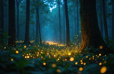 Fototapeta premium Magical forest scene at night with many glowing fireflies lighting up the dark woods. Tiny yellow lights dot the green foliage and spread across the forest floor.