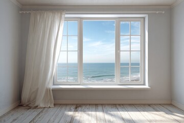Fototapeta premium Bright room with white curtains and ocean view through window.