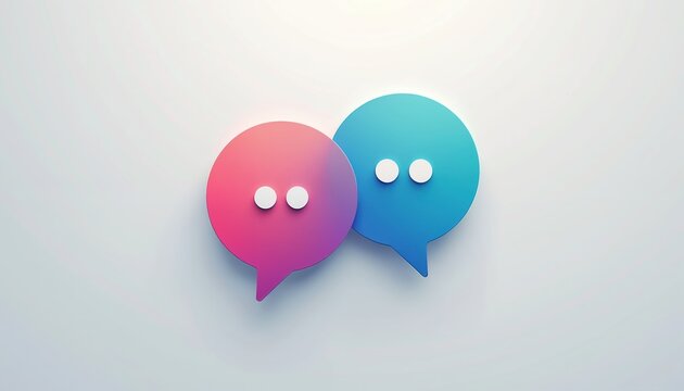 Two chat bubbles, one pink and one blue, overlap on clean white background. This icon represents online communication, messaging, or video calls. It is simple, modern graphic for digital platforms.