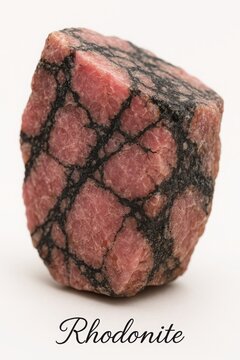 Raw pink and black rhodonite stone specimen with handwritten label