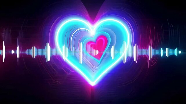 Glowing blue and pink heart tunnel with music beat spectrum bars for love song or DJ background loop.