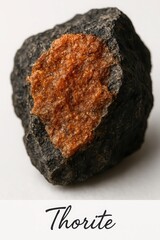 Rare radioactive thorite mineral specimen with orange alteration isolated on white