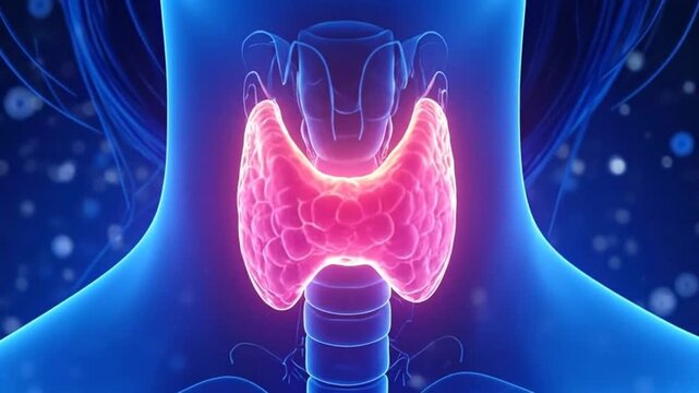 Medical illustration of the thyroid gland in the human body, glowing with health.