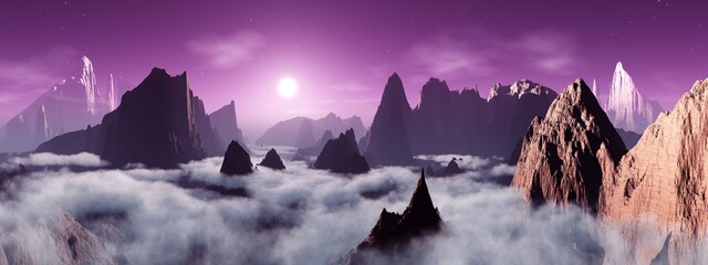 Alien landscape, clouds among rocks, alien canyon, fairytale landscape, 3D rendering