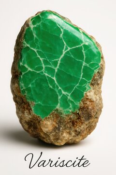 Natural green variscite mineral specimen with white veins isolated on white