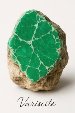 Macro photography of green variscite phosphate mineral with handwritten label