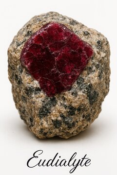 Encyclopedic geology image of eudialyte embedded in coarse alkaline rock