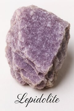 Geological sample of scaly purple lepidolite mineral with handwritten scientific label