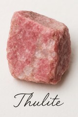 Pink thulite rock specimen isolated on white with identification label