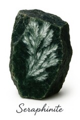 Natural green seraphinite mineral specimen with silver feather pattern isolated