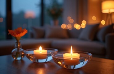 Two floating candles glow in glass bowls on a wooden table. A single orange flower in a vase sits nearby. Soft indoor lights create a warm, peaceful ambiance for relaxation and quiet reflection.