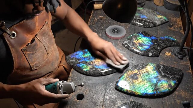 Artisan Polishing Labradorite Gemstone with Power Tool