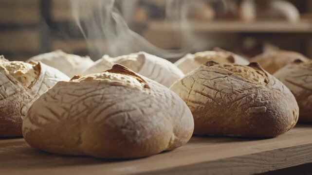 Warm, Freshly Baked Rustic Loaves of Bread with Visible Steam on a Clean Surface