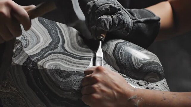 Artist Carving Stone Sculpture with Hammer and Chisel