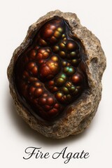 Museum reference photo of fire agate displaying orange red green iridescence