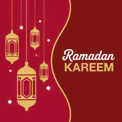 Ramadan kareem greeting card with beautiful hanging lanterns and stars on red background