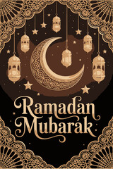 Ramadan mubarak greeting card with crescent moon and lanterns hanging from the sky