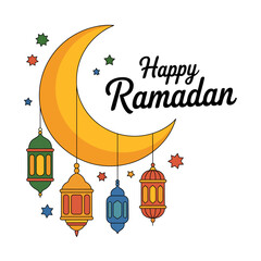 Happy ramadan greeting card with crescent moon and lanterns