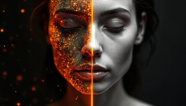 Woman face split in half showing digital transformation and human duality. One side is orange circuits and the other is grayscale skin, highlighting tech integration.