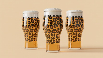 Stylish trio of beer glasses featuring a bold leopard print design with frothy tops