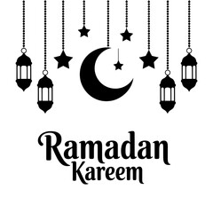 Ramadan kareem greeting card with lanterns and crescent moon hanging