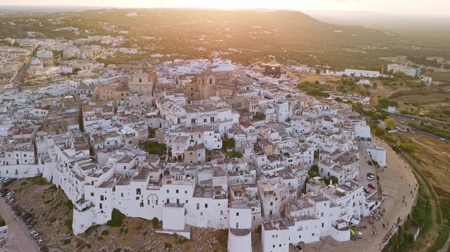 Aerial sunset view of Ostuni the White City, Puglia, Italy