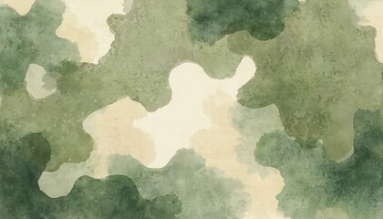 Abstract watercolor background with muted green beige, cream splotches resembling camouflage. Soft texture blends various shades for natural outdoor theme. Useful for fashion design printable fabric.