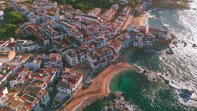 Aerial View of Calella de Palafrugell Village at Sunrise in Costa Brava