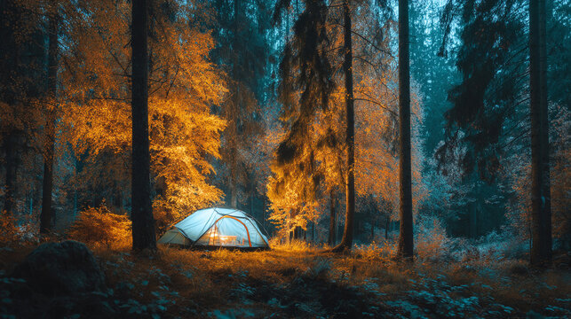 A white tent is set up in a forest during autumn with warm sunlight shining through trees.