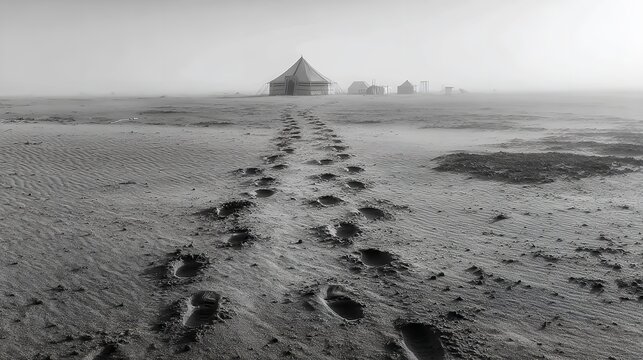 Footprints leading across gray sandy terrain toward white canvas tents in a desert environment.
