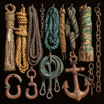Various types of ropes and chains are displayed on a dark background for a still-life arrangement