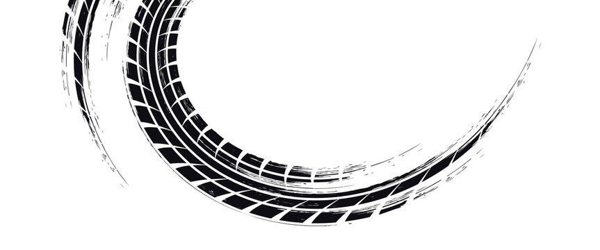 Tire track. Car, bike, motorcycle tyre mark with grunge effect isolated on white background. Wheel footprint on the road. Top view of rubber protector mark