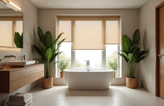 Modern bathroom features freestanding tub near window with beige roller blinds. Large green potted plants frame tub, complementing wood vanity and sink. Clean, serene spa atmosphere.