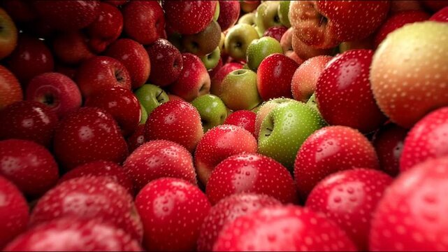 The camera flies inside a tunnel of red and green apples with drops of water, creating depth and a juicy, voluminous feeling of freshness.