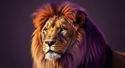 Obraz premium Majestic Lion with Vibrant Purple and Orange Mane Close-Up Portrait 