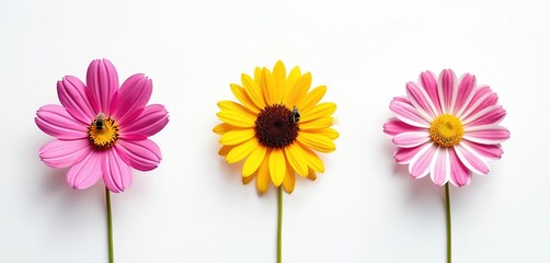 Fototapeta premium Three colorful flowers, pink cosmos yellow sunflower and striped daisy, on white background. Bees collect nectar, pollination occurs in nature. Healthy blooms, floral design elements.
