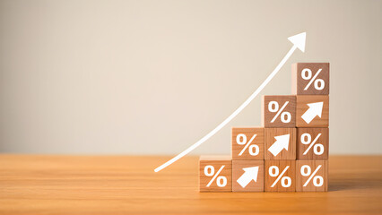 Wooden Blocks Showing Percentage Increase on a Table, Visualizing Financial Growth and Success