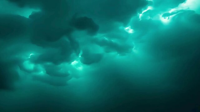 Dark ominous teal sky with thick rolling thunderstorm clouds and bright flashes of lightning energy.