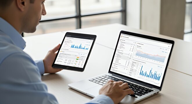 Businessman using laptop and tablet for data search and SEO analysis accessing website insights through a digital search console interface clean modern environment clear visual focus natural realistic