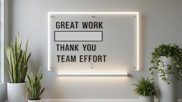 Great work, team effort! A message of appreciation displayed on a modern illuminated sign, surrounded by lush green plants in a bright, contemporary space, celebrating success and collaboration