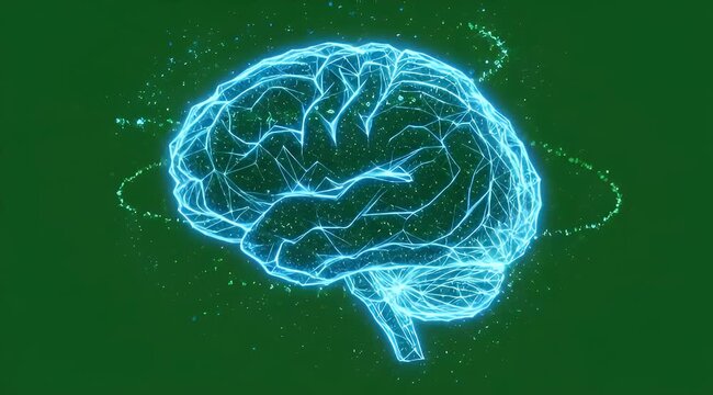 Illustration of a brain in the form of a digital glowing wire frame on a dark green and neuroscience background.