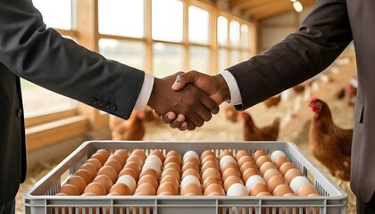 Businessmen Shaking Hands Over Crate of Fresh Eggs in Poultry Farm Deal Concept