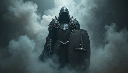 Obraz premium Dark armored figure with hood holds shield in swirling smoke. Mysterious warrior stands ready for battle. Gloomy, dramatic scene conveys sense of intrigue and power.
