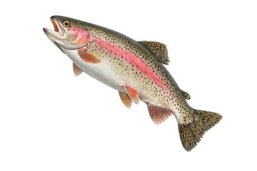 Obraz premium Rainbow trout jumping from water, showing an open mouth and colorful markings, with transparent background