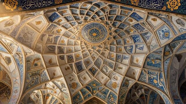 Intricate Islamic architecture featuring a beautifully decorated ceiling with geometric patterns and calligraphy.