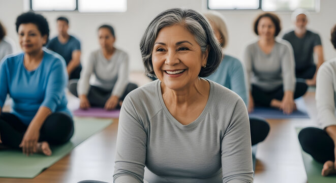 A diverse group of happy seniors in a gentle yoga class, promoting healthy aging and community fitness. This image highlights vitality in older adults, senior wellness, and the importance of social co