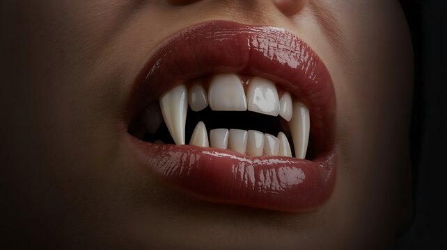 Gothic vampire glamour lips shine sharp teeth spooky night aesthetic photo